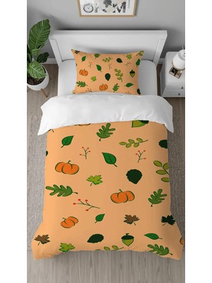Greendecor Renkli Yapraklar Desenli Dijital Baskılı Özel Tasarım Çarşafsız Şık Tek Kişilik Nevresim Takımı