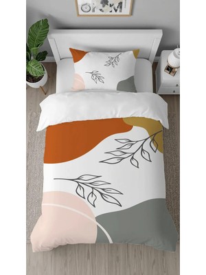 Greendecor Renkli Yapraklar Desenli Dijital Baskılı Özel Tasarım Çarşafsız Şık Tek Kişilik Nevresim Takımı