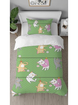 Greendecor Sevimli Kediler Desenli Dijital Baskılı Özel Tasarım Çarşafsız Tek Kişilik Nevresim Takımı