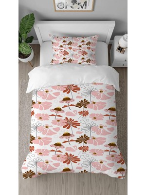 Greendecor Pembe Çiçek Yaprak Desenli Dijital Baskılı Özel Tasarım Çarşafsız Şık Tek Kişilik Nevresim Takımı