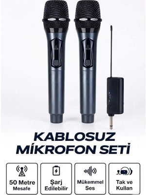 Eco Port Profesyonel Çiftli Kablosuz Mikrofon Seti Karaoke Şarj Edilebilir 50 Metre