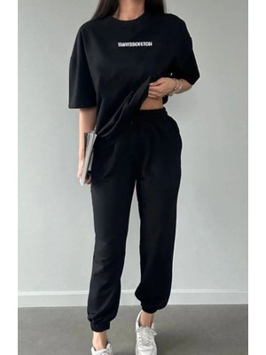 Punix Punıx Büyük Beden Özel Tasarım Thatssofetsc Baskılı Rahat Kalıp Kısa Kollu Yazlık Kadın  Battal Eşofman Takımı