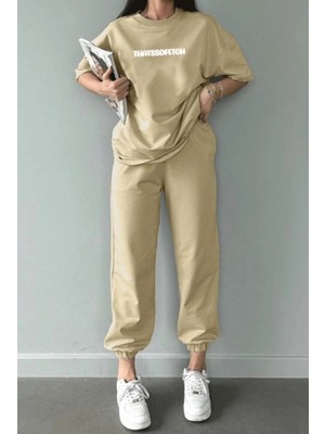 Punix Punıx Büyük Beden Özel Tasarım Thatssofetsc Baskılı Rahat Kalıp Kısa Kollu Yazlık Kadın  Battal Eşofman Takımı