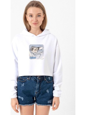 Tshirthane Babymonster Forever Beyaz Optik Kadın Crop Kapşonlu