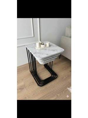 Eryalux Home Zigon 4'lü Tekerli Siyah-Beyaz Mermer Zigon Sehpa
