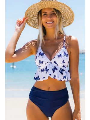 Pearpio Fırfırlı Lacivert Kelebek Detaylı Yüksek Bel Bikini Takımı
