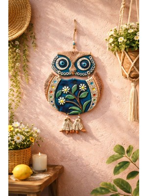 Marena Home El Yapımı Seramik Baykuş Duvar Süsü, 38X28 cm Dekoratif Duvar Aksesuarı, Bohem Duvar Dekoru, Nazar Temalı Seramik Duvar Süsü, Renkli El Işçiliği Ev Dekorasyonu, Balkon Salon Duvar Süsü