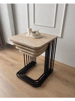 Eryalux Home Zigon 4'lü Tekerli Siyah-Traverten Zigon Sehpa