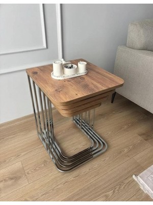 Eryalux Home Zigon 4'lü Tekerli Gümüş-Çam Zigon Sehpa