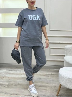 Punix Punıx Büyük Beden Battal Ter Tutmayan Usa Baskılı Kısa Kollu Yazlık Kadın Eşofman Takımı