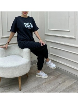 Punix Punıx Büyük Beden Battal Ter Tutmayan Usa Baskılı Kısa Kollu Yazlık Kadın Eşofman Takımı