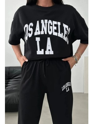 Punix Punıx Büyük Beden Los Angeles La Baskılı 2 Iplik Ter Tutmayan Kısa Kollu Yazlık Kadın Eşofman  Takımı