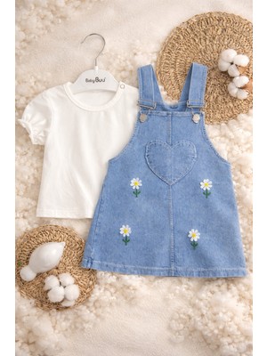 Aslin Store Papatya Işleme Detaylı Kız Bebek Salopet Elbiseli 2 Li Takım