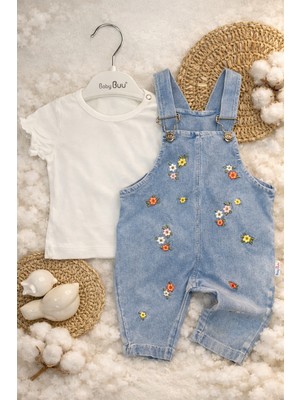 Aslin Store Minik Çiçek Işleme Detaylı Kısa Kollu Kız Bebek Salopetli 2 Li Takım