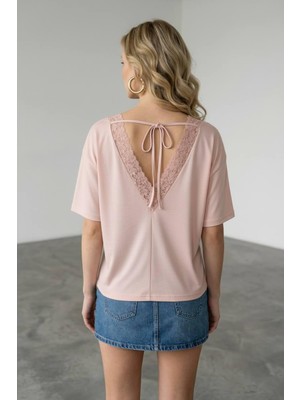 Mersi Kadın Sırt Dekolteli Dantel Detaylı Bağlamalı Kısa Kollu Tişör