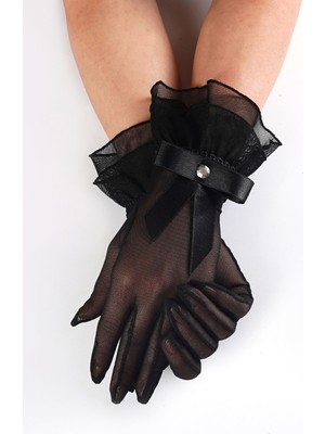 Siyah  Fırfırlı  Balo   Davet   Eldiveni,   Kurdela  Detaylı