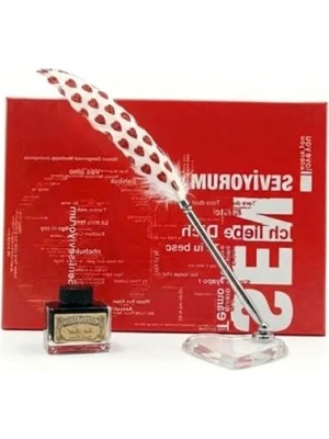 Ulu Pazarlama Kırmızı Kalpli Tüylü Divit ve Hokka Yazı Seti