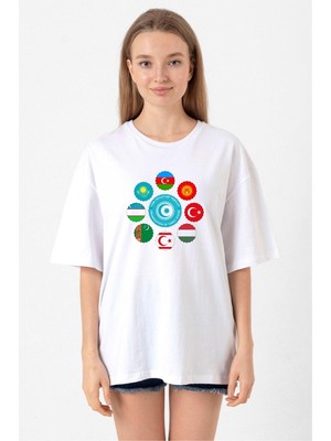 Türk Devletleri Teşkilat Beyaz Kadın Oversize Tshirt