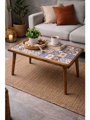 Maison Linden Eskitme Ahşap Ayaklı Seramik Desenli Orta Sehpa 34X64 cm Dikdörtgen Dekoratif Sehpa