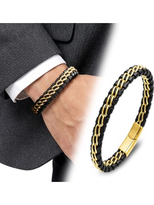 Moncuk Design Sarı Çift Zincir Çelik ve Deri Bileklik 33514B2D4