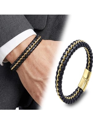 Moncuk Design Sarı Zincir ve Deri Dolama Çelik Bileklik 33514B2D3