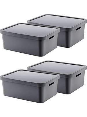 Ulu Pazarlama 4'lü Kapaklı Saklama Kutusu Seti - 12 Lt Kapasite, Antrasit Renk