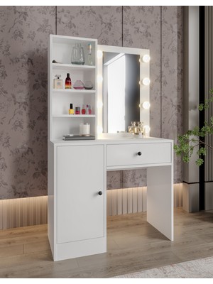 Afilli Tek Çekmeceli Işıklı ve Aynalı Makyaj Masası Tamamı Mdf