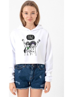 Tshirthane Future is Female Beyaz Optik Kadın Crop Kapşonlu