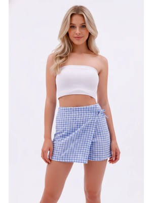 Kont Kadın Baklava Desenli Önü Kapamalı Yüksek Bel Pötikare Dokulu Şort Etek