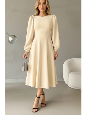 Kont Kadın Balon Kol Midi Boy Bisiklet Yaka Krep Elbise