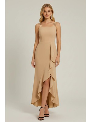 Kont Kadın Ip Askılı Volan Detaylı Uzun Yırtmaçlı Abiye Elbise