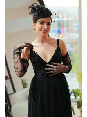 Sed da Exclusive Siyah  Uzun  Tül  Eldiven,  Nikah Eldiveni,  Parti,  Balo,  Eldiveni