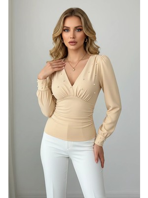 Kont Kadın V Yaka Beli Drapeli  Inci Süslemeli Bluz Top