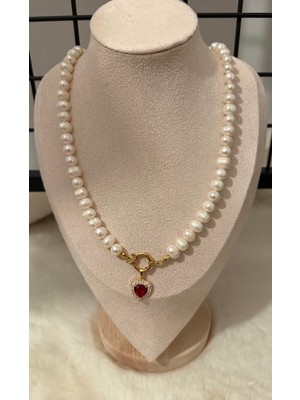 Taşmir Sertifikalı Gerçek 8-9 mm Inci Kolye Kırmızı Zirkon Kalp Charm