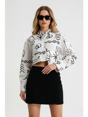 Kont Geometrik Baskılı Cep Detaylı Asimetrik Gömlek Çift Yırtmaçlı Mini Şort Etek Takım