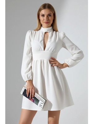 Kont Kadın Uzun Kollu Göğüs Dekolteli Fermuarlı Krep Kumaş Elbise