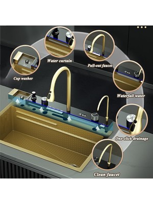 Flextail Tam Otomatik 9 Fonksiyonlu Şelale Evye Gold. Dijital Tasarımlı Akıllı Eviye 75×45 cm