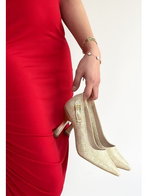 Beruflic Cerin Gold Saten Simli Topuklu Ayakkabı Luxury Shoes
