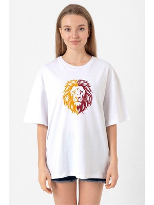 Sarı Kırmızı Leon Beyaz Kadın Oversize Tshirt