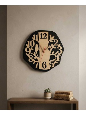 Siyah Ahşap Doğa Temalı Saat, Kuş ve Dal Detaylı, Şık ve Zarif Tasarım