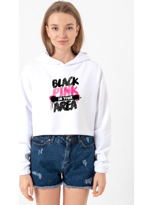 Tshirthane Black Pink In Your Area Beyaz Optik Kadın Crop Kapşonlu