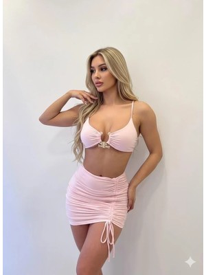Pink Life Pudra Toka Detaylı Crop ve Etekli Ikili Takım