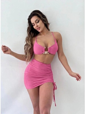 Pink Life Neon Pembe Toka Detaylı Crop ve Etekli Ikili Takım