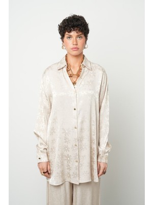 Morvarid Orfeo Negro Kadın Bej Jakarlı Palazzo Pantolon Saten Dokulu Lastikli Bel Rahat Kesim