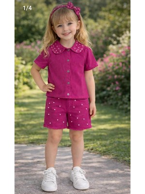 Pembe Inci Detaylı  Kız Çocuk Kot Şort ve Gömlek Takım