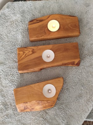 Doğal Ahşap El Yapımı Mumluk – Zeytin Ahşap – Üçlü Doğal Set