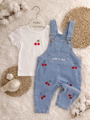 Aslin Store Kiraz Işlemeli Cep Detaylı Kısa Kollu Kız Bebek Salopetli 2 Li Takım