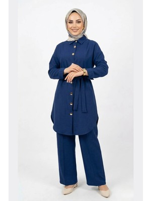 Abay Butik Kadın Kemer Detaylı Gold Düğmeli Tunik Pantolon Takımı Şık Günlük Tesettür Kombin