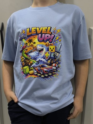 Pidal Giyim Oyun Temalı Level Up Baskılı Pamuklu Yumuşak Dokulu Kısa Kollu Erkek Çocuk Tişört
