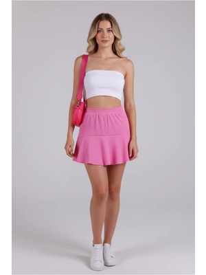 Droptan Kadın Yüksek Bel Bürümcük Kumaş Volanlı Beli Lastikli Mini Şort Etek